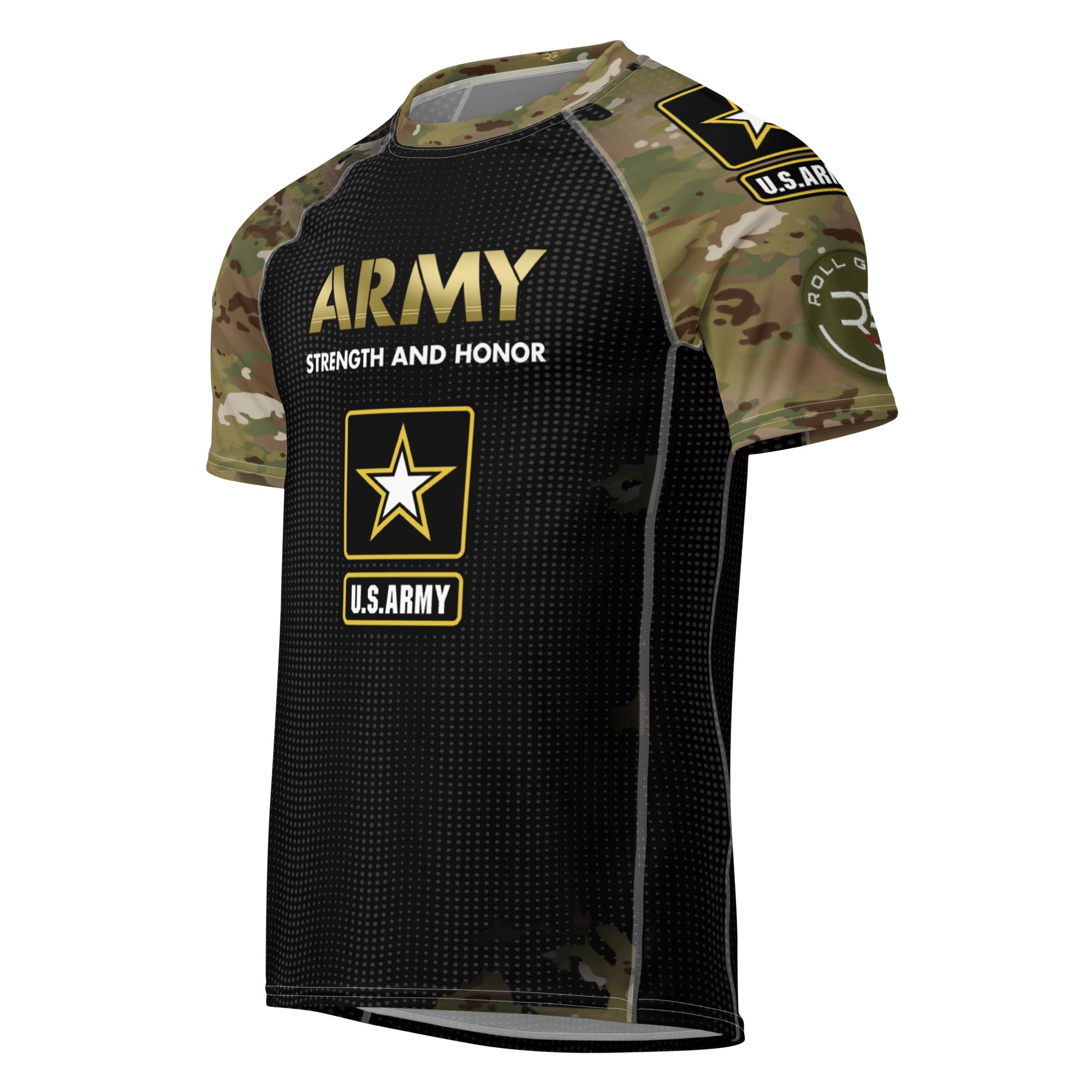 Roll Gear Unisex Army Short Sleeve Rash Guard – black body with camo sleeves and Army graphics, front view.