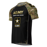 Roll Gear Unisex Army Short Sleeve Rash Guard – black body with camo sleeves and Army graphics, front view.