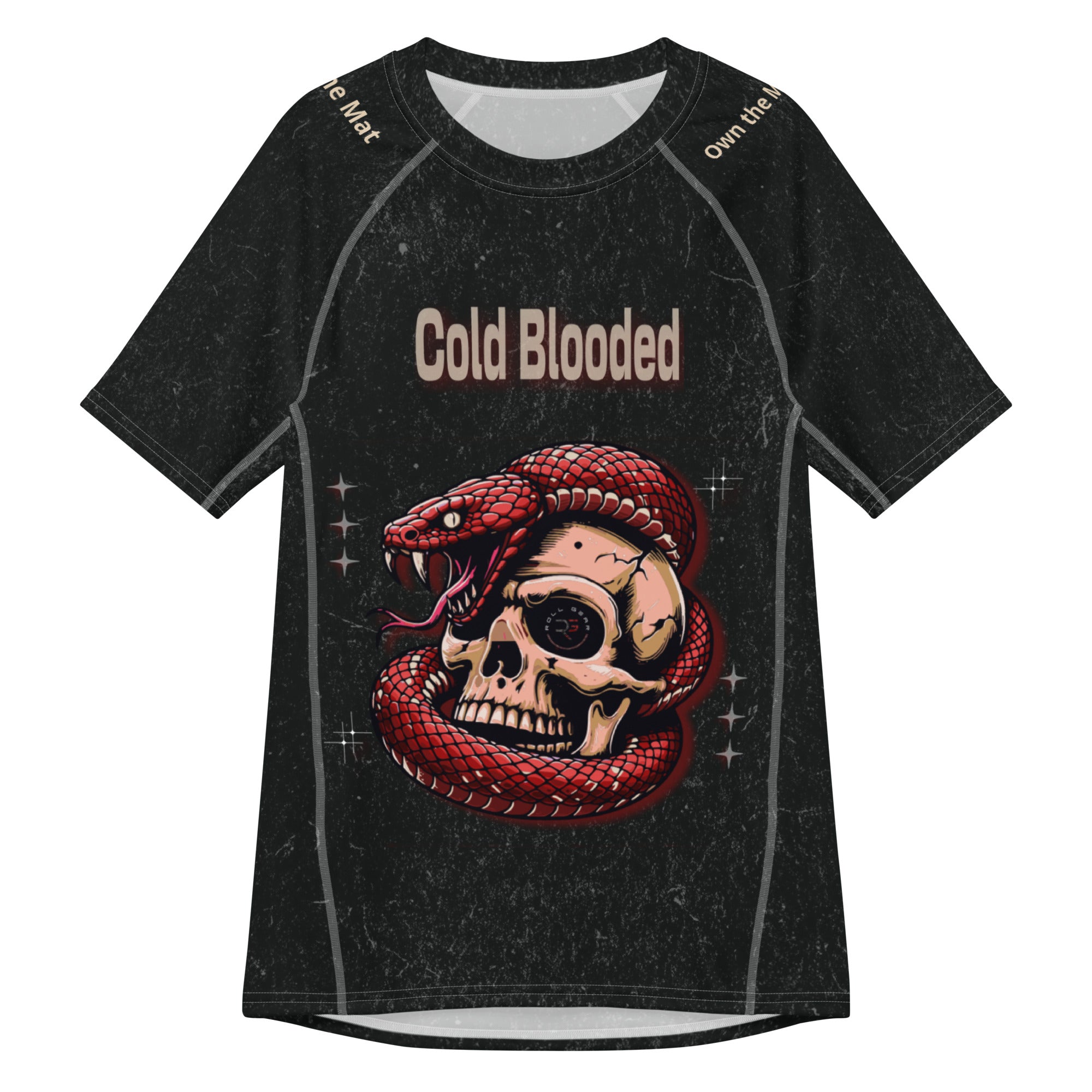Roll Gear Cold Blooded Rash Guard – Black Venom Athlete Edition – Short Sleeve, second front view, all-over print.