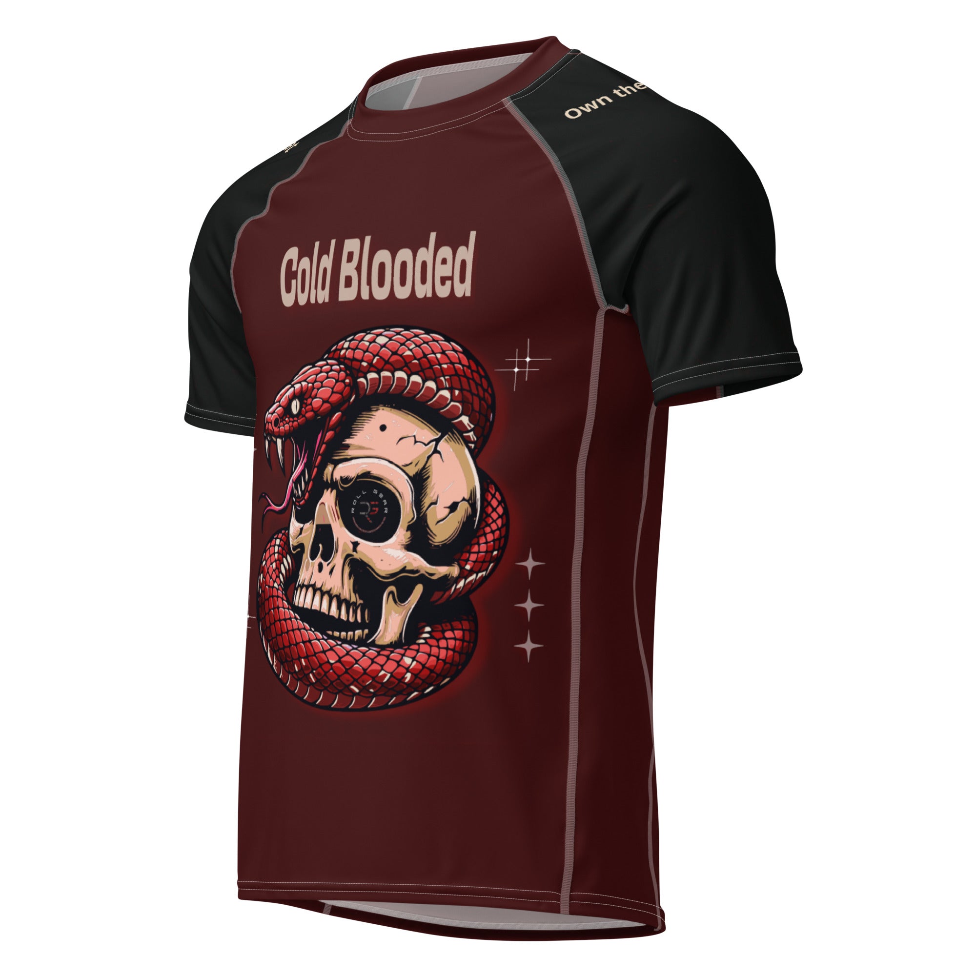 Roll Gear Cold Blooded Rash Guard – Maroon Venom Athlete Edition – Short Sleeve, front view, all-over print.