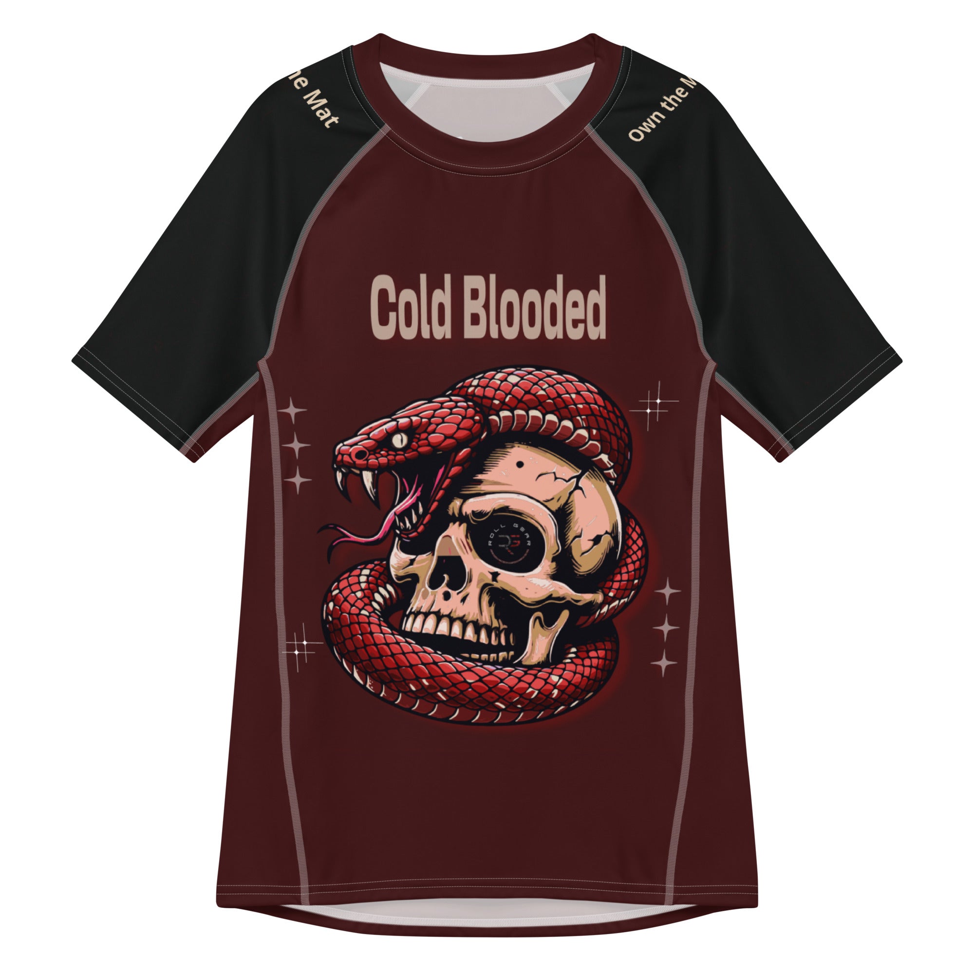 Roll Gear Cold Blooded Rash Guard – Maroon Venom Athlete Edition – Short Sleeve, second front view, all-over print.