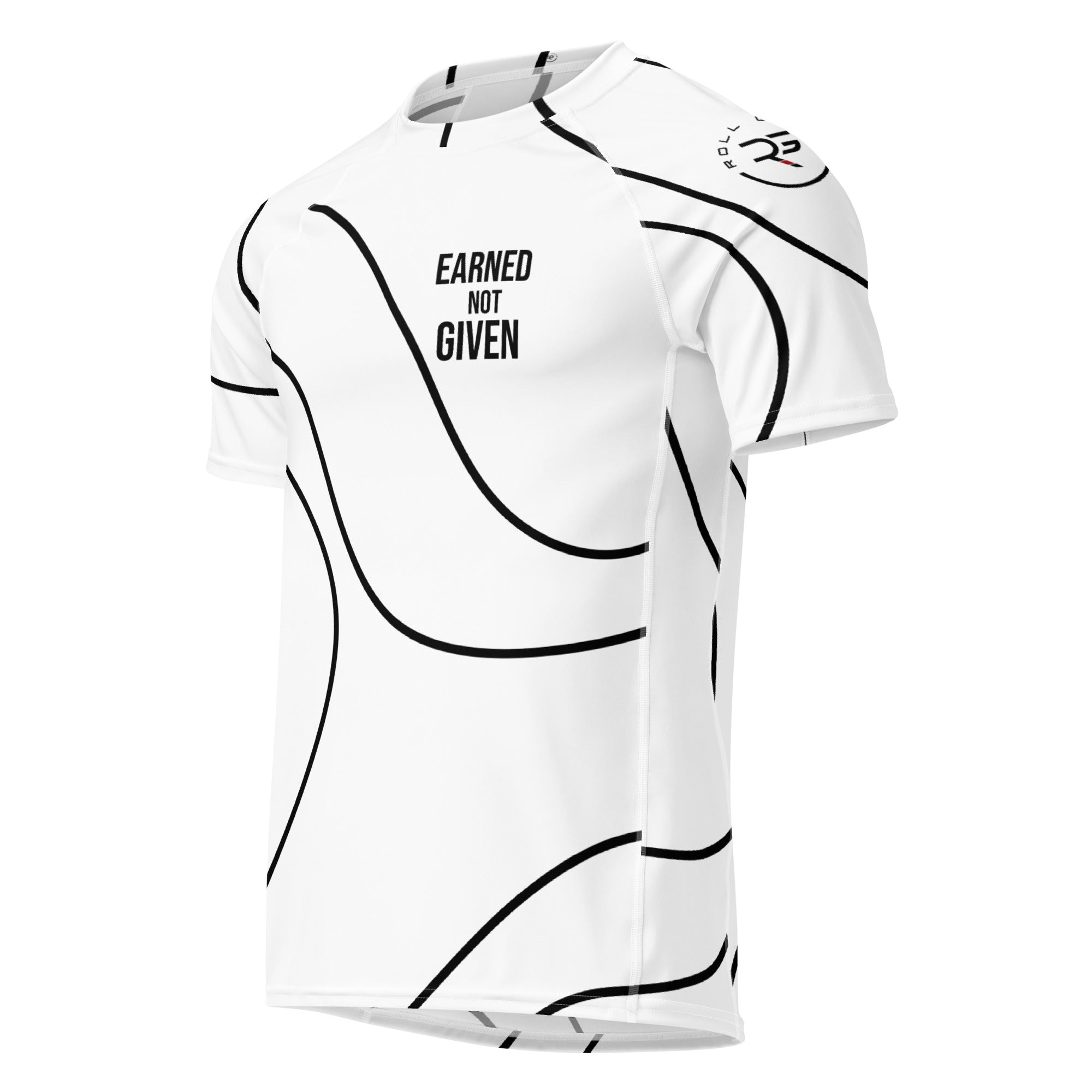 Roll Gear White Swirl Short Sleeve Rash Guard – White/Black swirl design, adult unisex, front view.