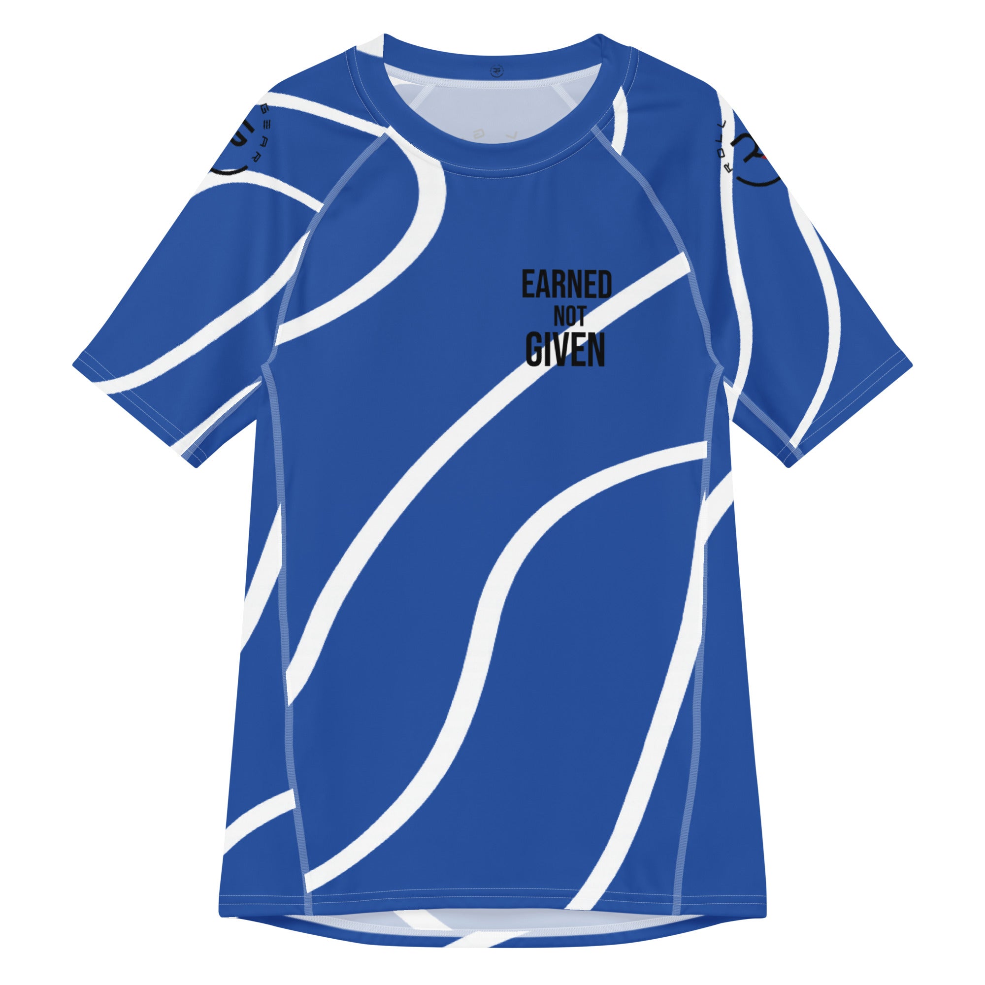 Roll Gear Blue Swirl Short Sleeve Rash Guard - Blue/White, Adult Unisex, front view, additional angle.