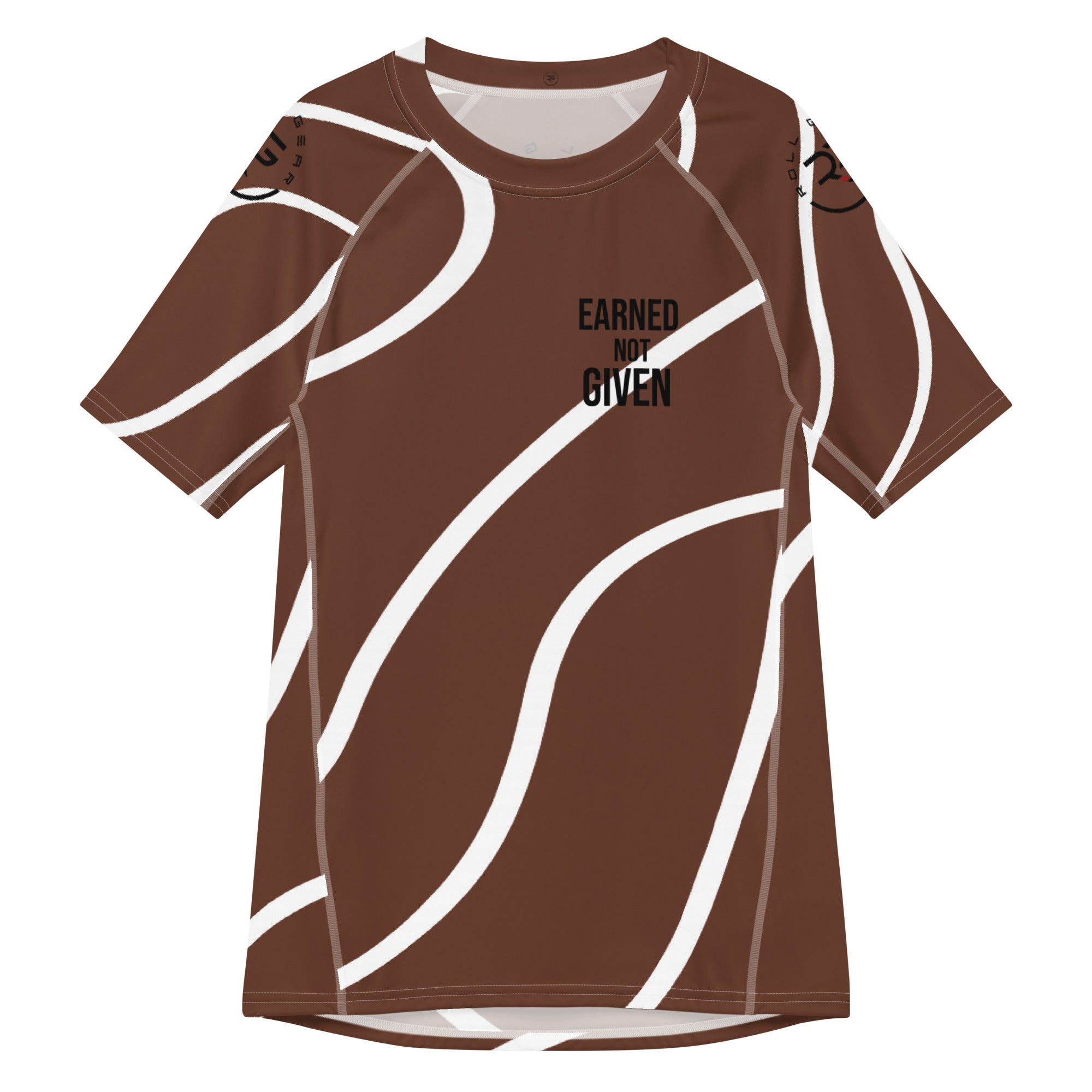 Roll Gear Brown Swirl Short Sleeve BJJ Rash Guard — Unisex Brown & White, front view, all-over print.
