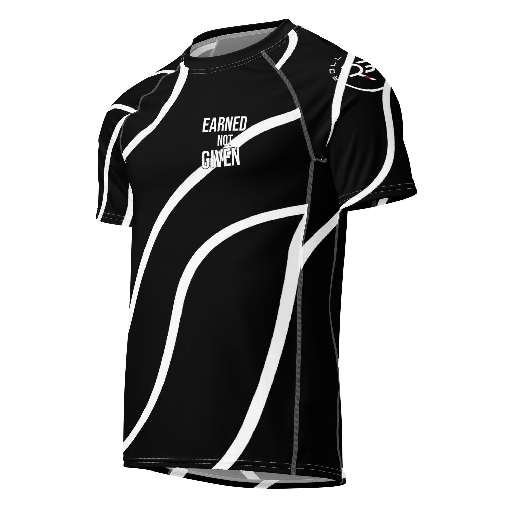 Roll Gear Black Swirl Short Sleeve Rash Guard – Black/White – Adult Unisex, front view, all-over print.