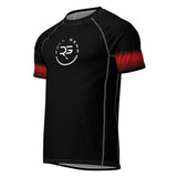 Roll Gear Black Fade Rash Guard - Black/White, Adult Short Sleeve, front view.