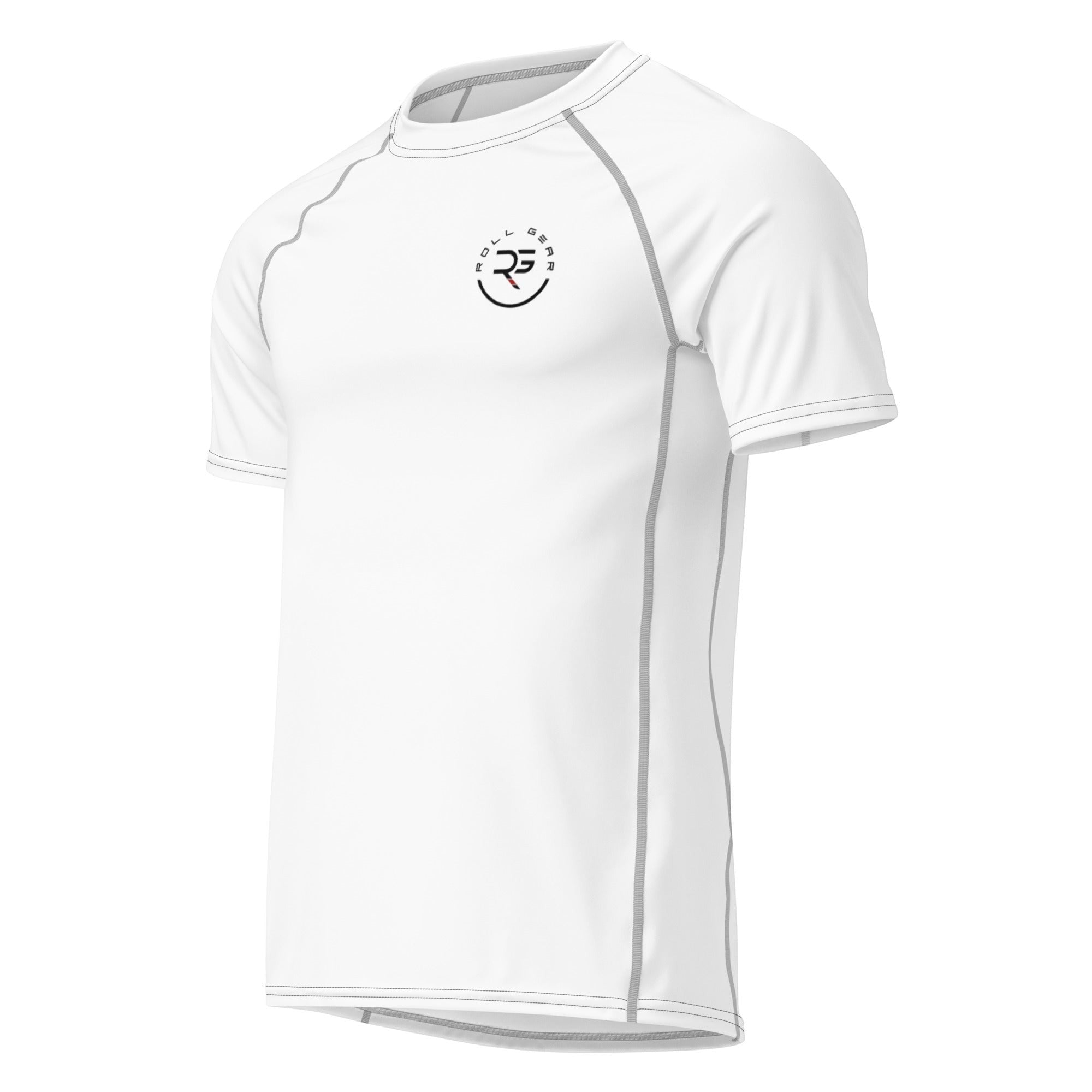 Roll Gear Solid Performance Rash Guard – White/Grey, front view. Moisture-wicking BJJ no-gi rash guard, adult/unisex.