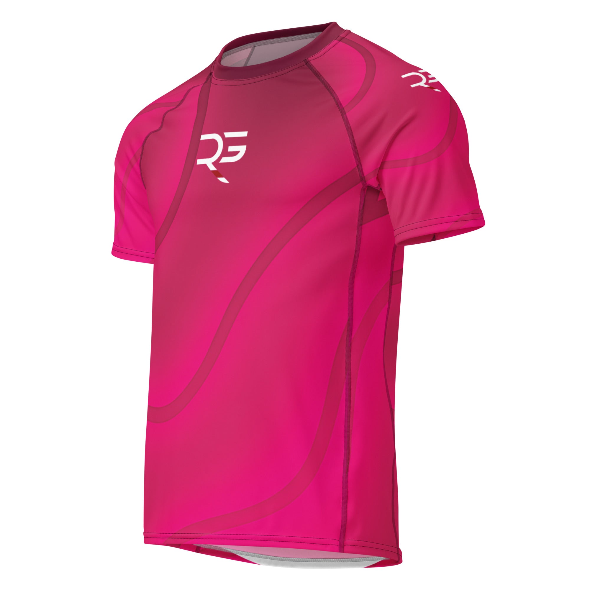 Roll Gear Women's Pink Short Sleeve Rash Guard - Gradient Swirl Edition, front view.