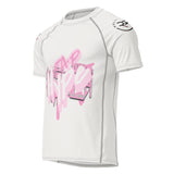 Roll Gear Tap Hype Girls on the Mat Rash Guard - Light Pink/White, Adult Short Sleeve, front view.