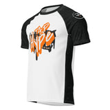 Roll Gear Tap Hype Unisex Short Sleeve Rash Guard – Orange & White, front view, all-over print.