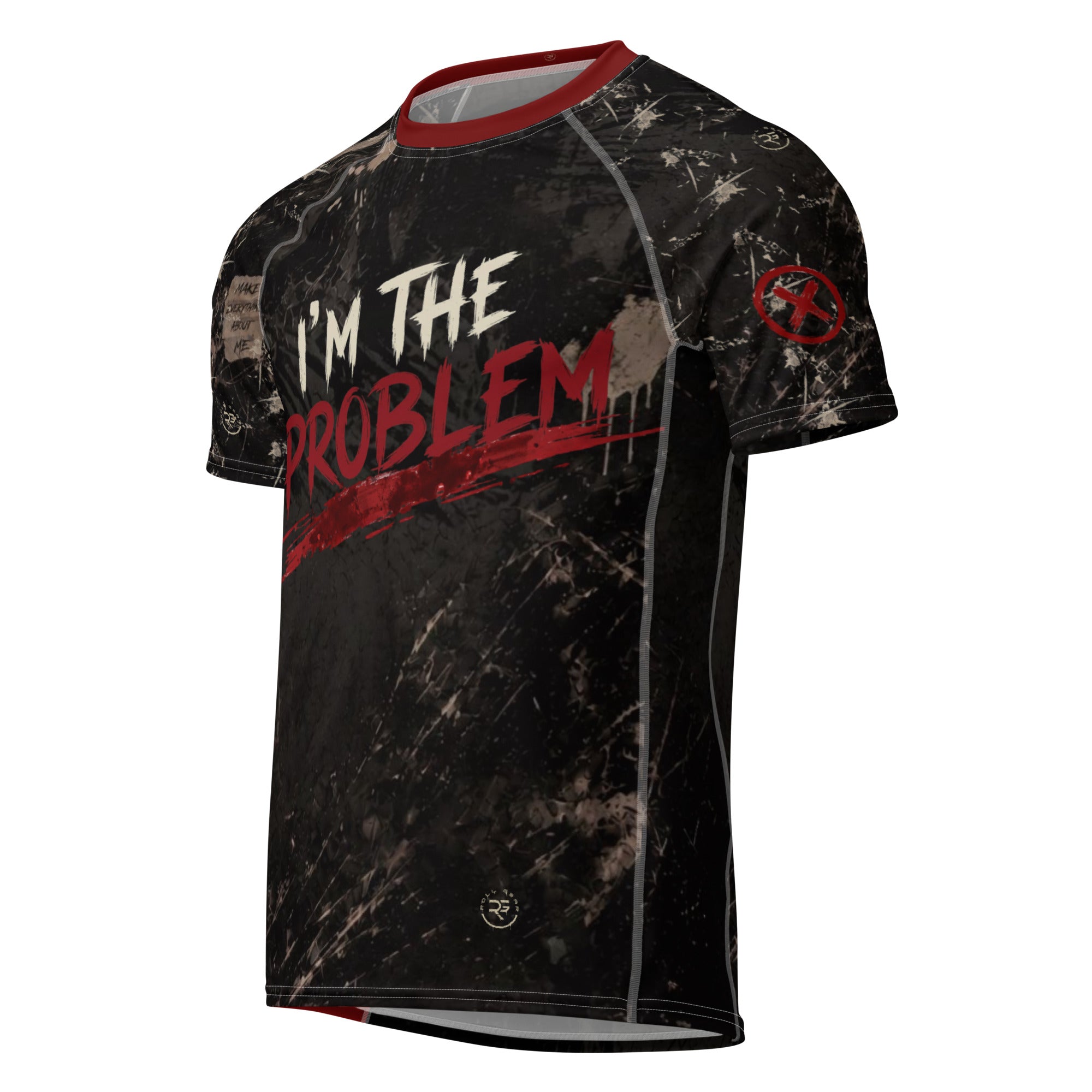 Roll Gear I'm the Problem Short Sleeve Rash Guard – Adult Unisex, front view, distressed camo print.