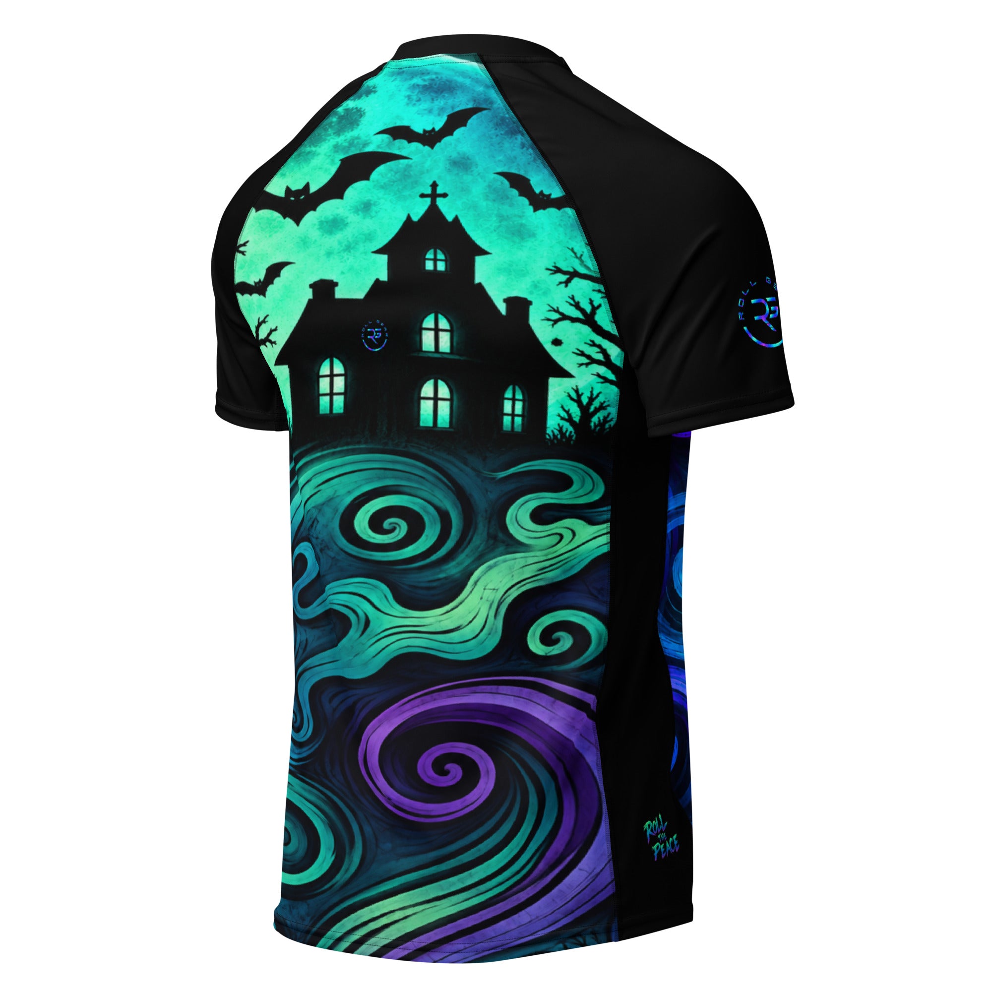 Roll Gear Phantom Hollow Short Sleeve Rash Guard – Adult Unisex, back view, haunted house print.