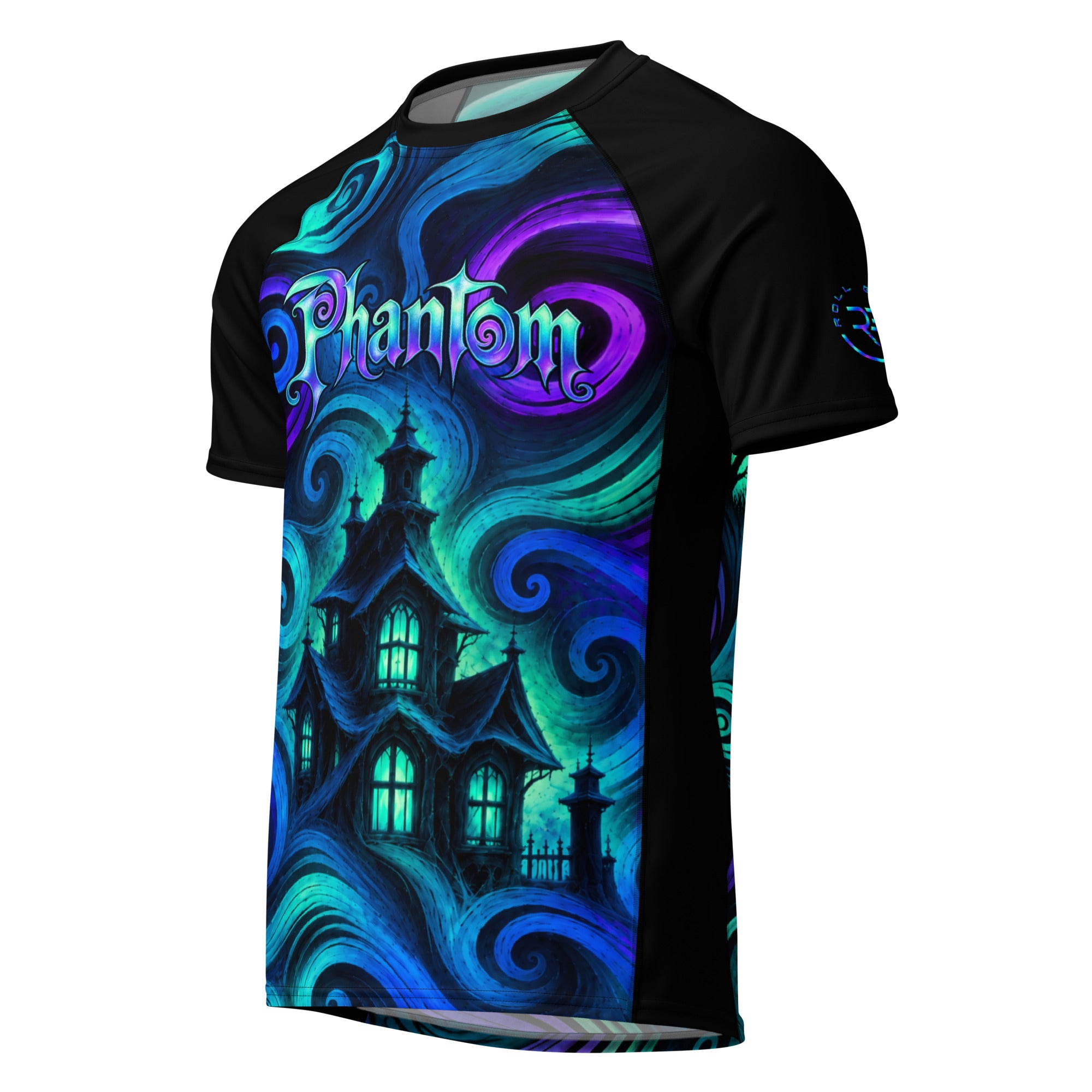 Roll Gear Phantom Hollow Short Sleeve Rash Guard – Adult Unisex, front view, haunted house print.
