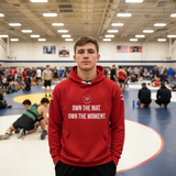 Roll Gear Branded Hoodie – Red, front view. Recycled unisex all-over print hoodie.