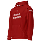Roll Gear Branded Hoodie – Red, front-left view. Recycled unisex all-over print hoodie.
