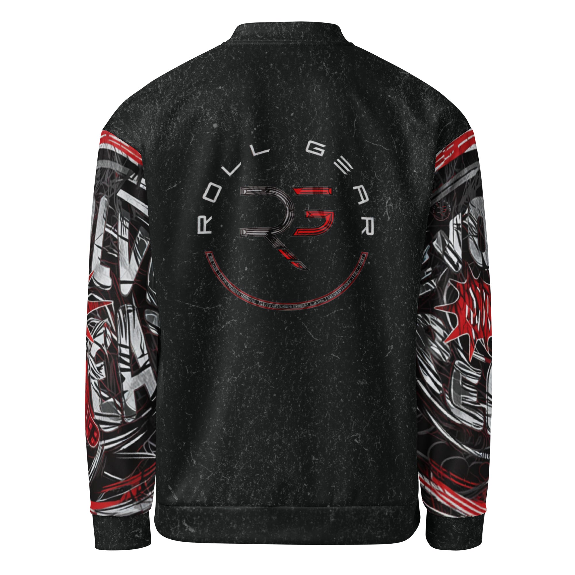 Roll Gear Evolve or Repeat Bomber Jacket – Black, back view, all-over print.