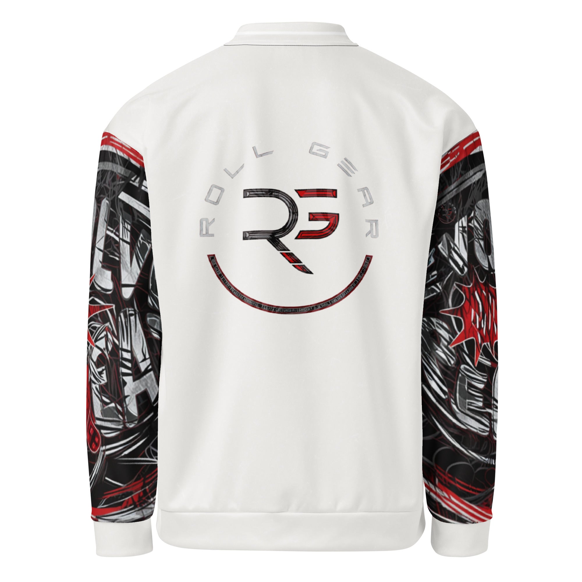 Roll Gear Evolve or Repeat Bomber Jacket – White, back view, all-over print.