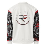 Roll Gear Evolve or Repeat Bomber Jacket - White, back view.