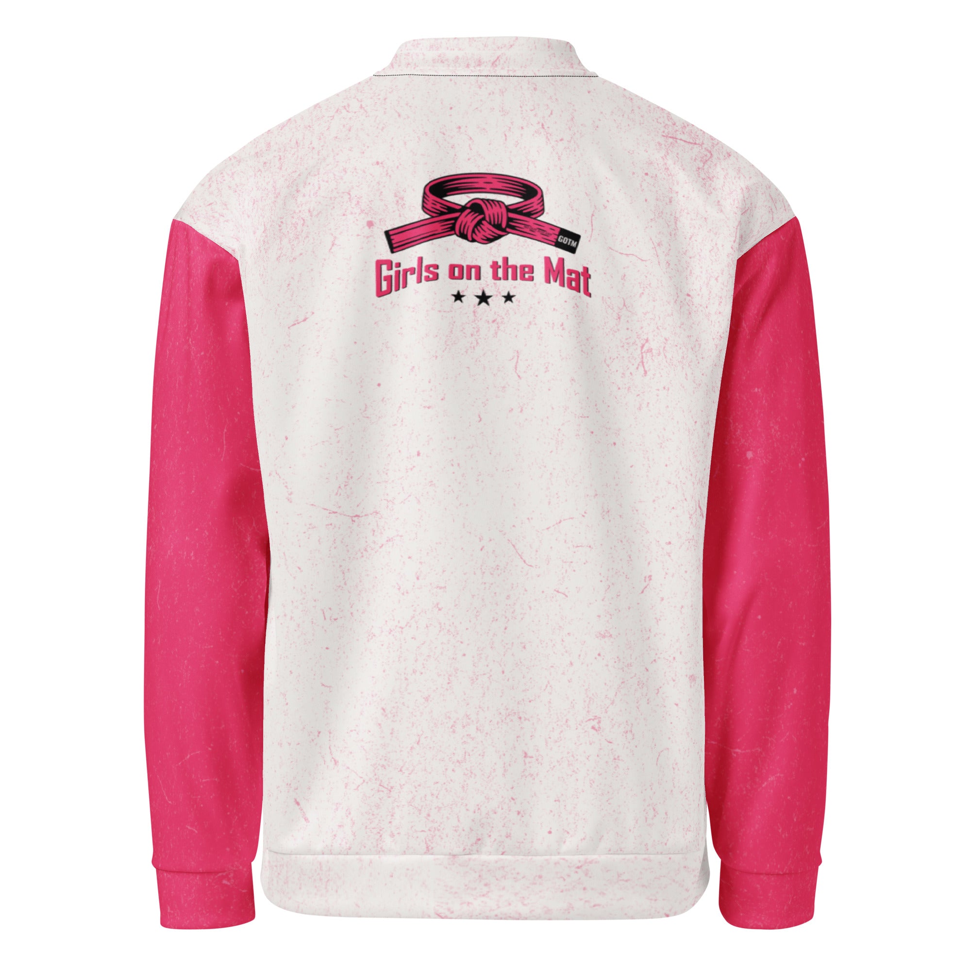 Roll Gear Girls on the Mat Bomber Jacket - White & Pink, back view.