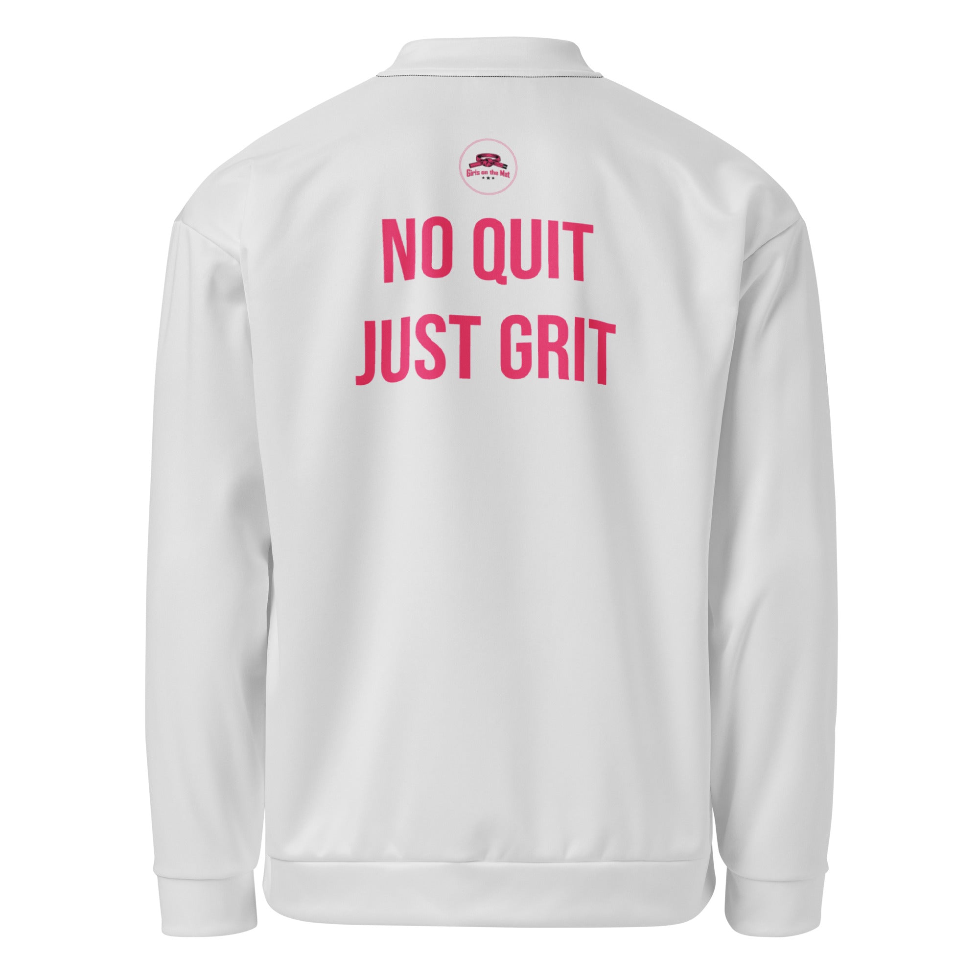 Roll Gear Girls on the Mat Bomber Jacket - All White, back view.