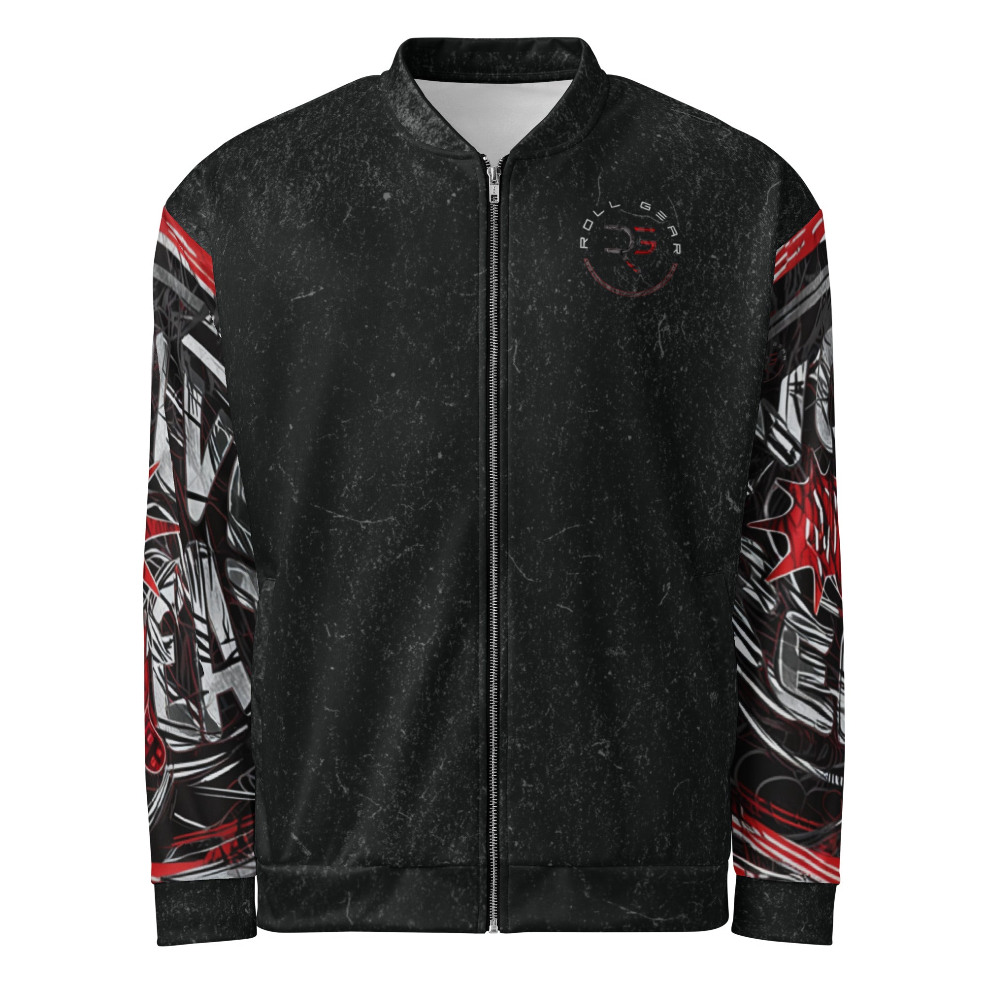 Roll Gear Evolve or Repeat Bomber Jacket – Black, front view, all-over print.