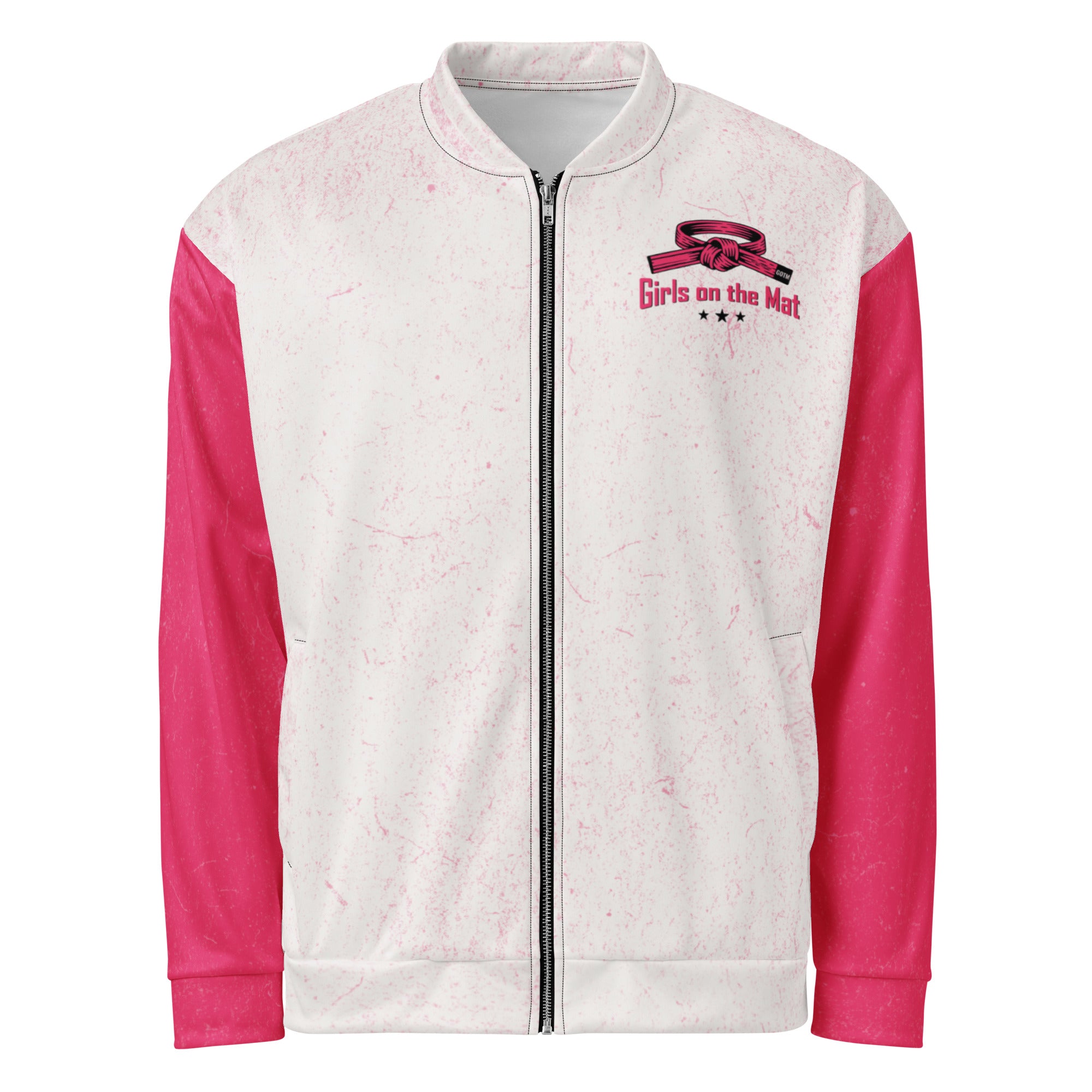 Roll Gear Girls on the Mat Bomber Jacket - White & Pink, front view.
