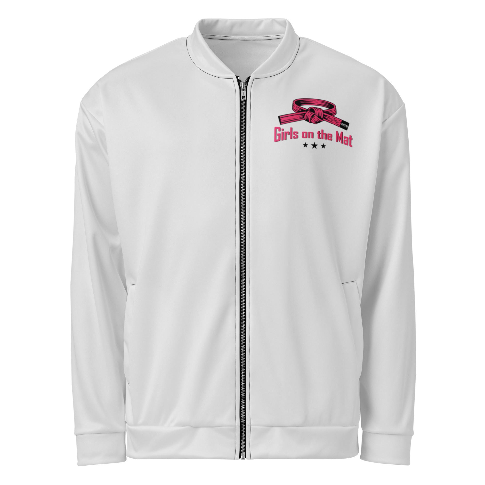 Roll Gear Girls on the Mat Bomber Jacket - All White, front view.