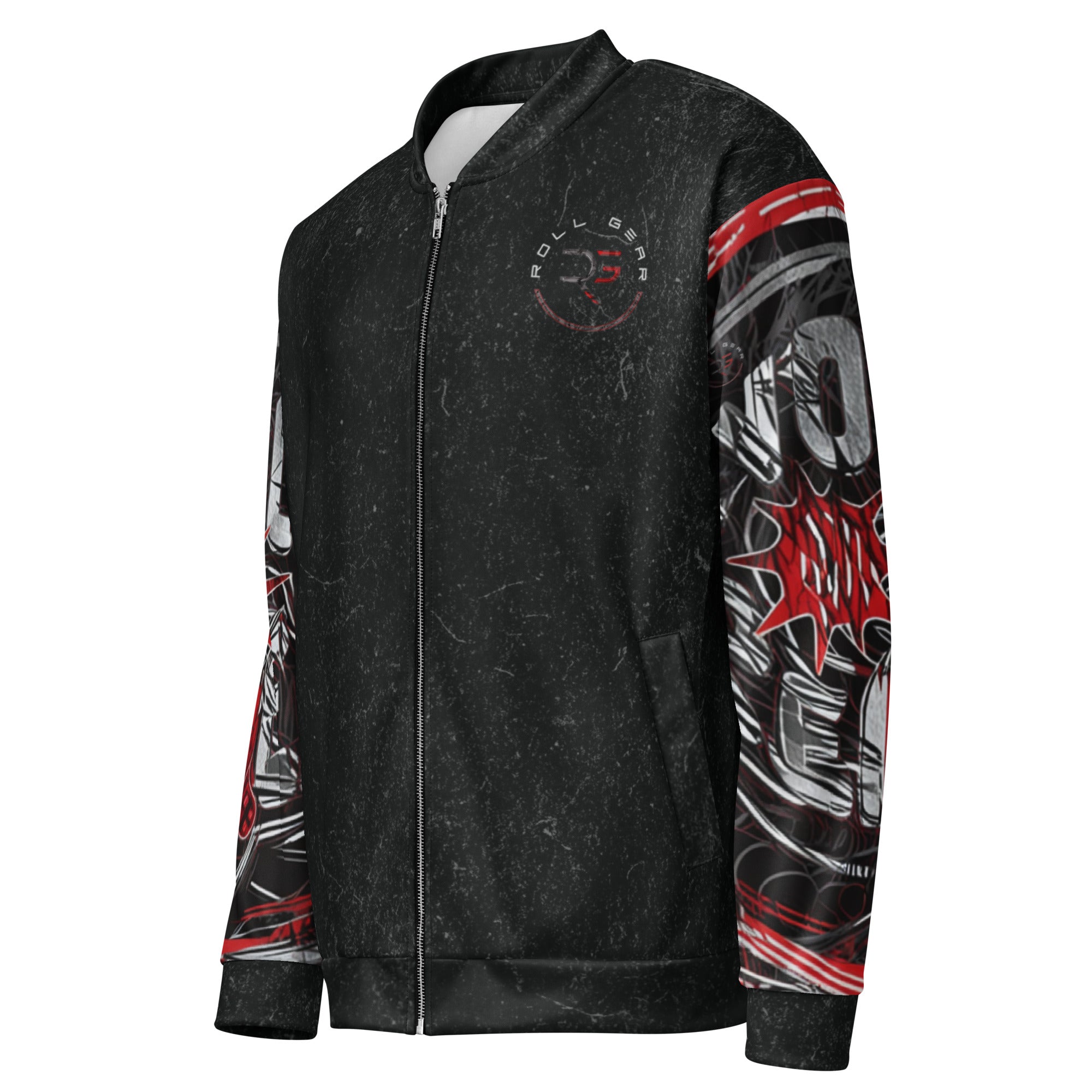 Roll Gear Evolve or Repeat Bomber Jacket – Black, left front view, all-over print.