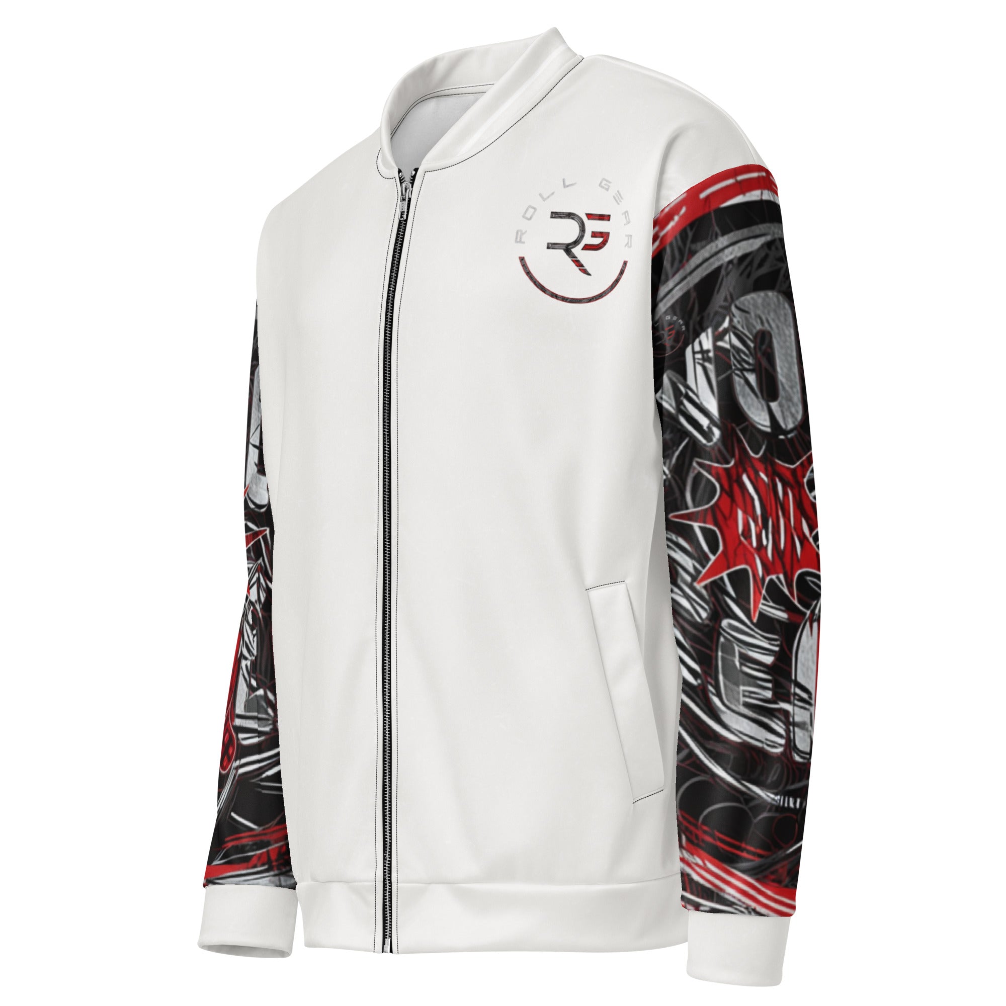 Roll Gear Evolve or Repeat Bomber Jacket – White, left front view, all-over print.
