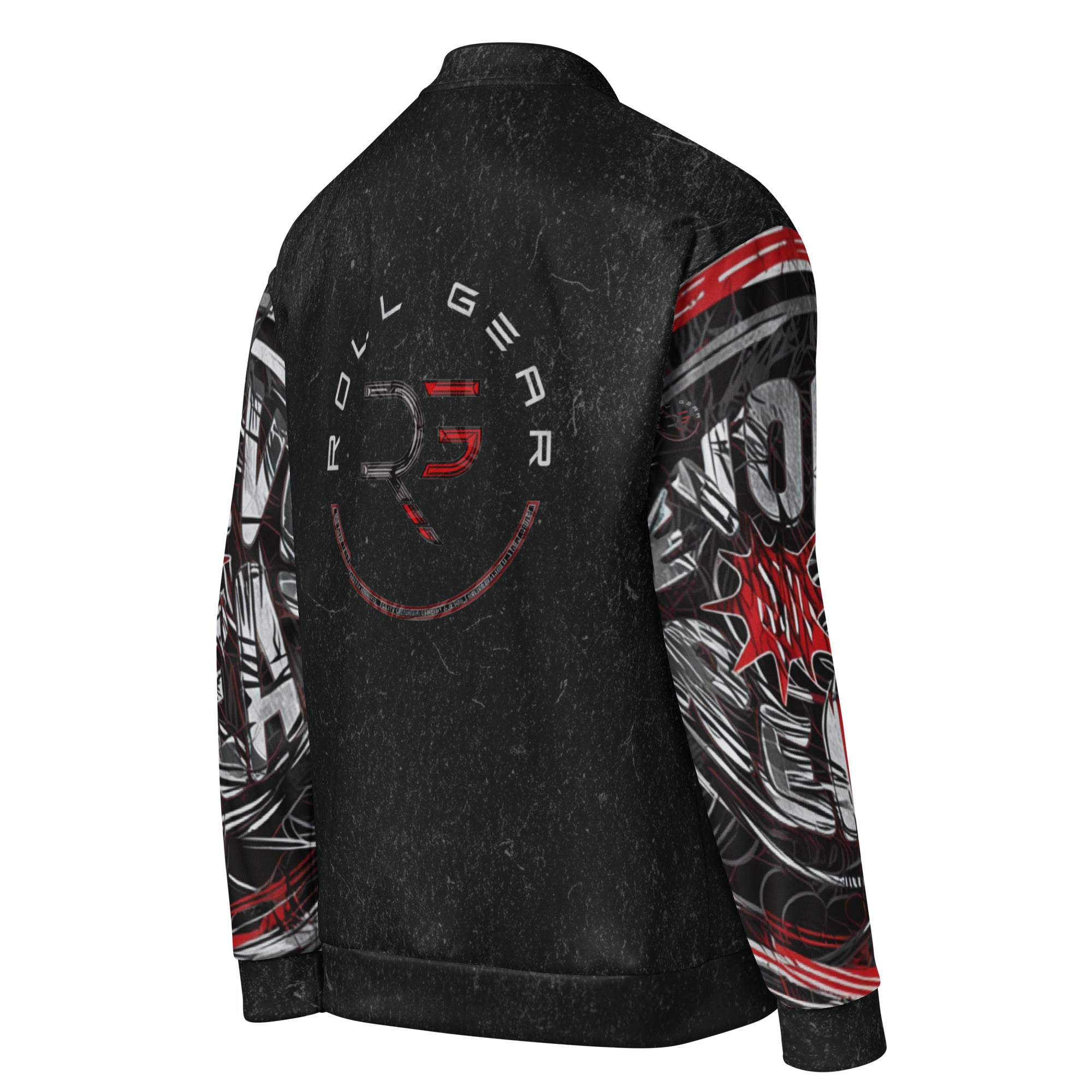 Roll Gear Evolve or Repeat Bomber Jacket – Black, right back view, all-over print.
