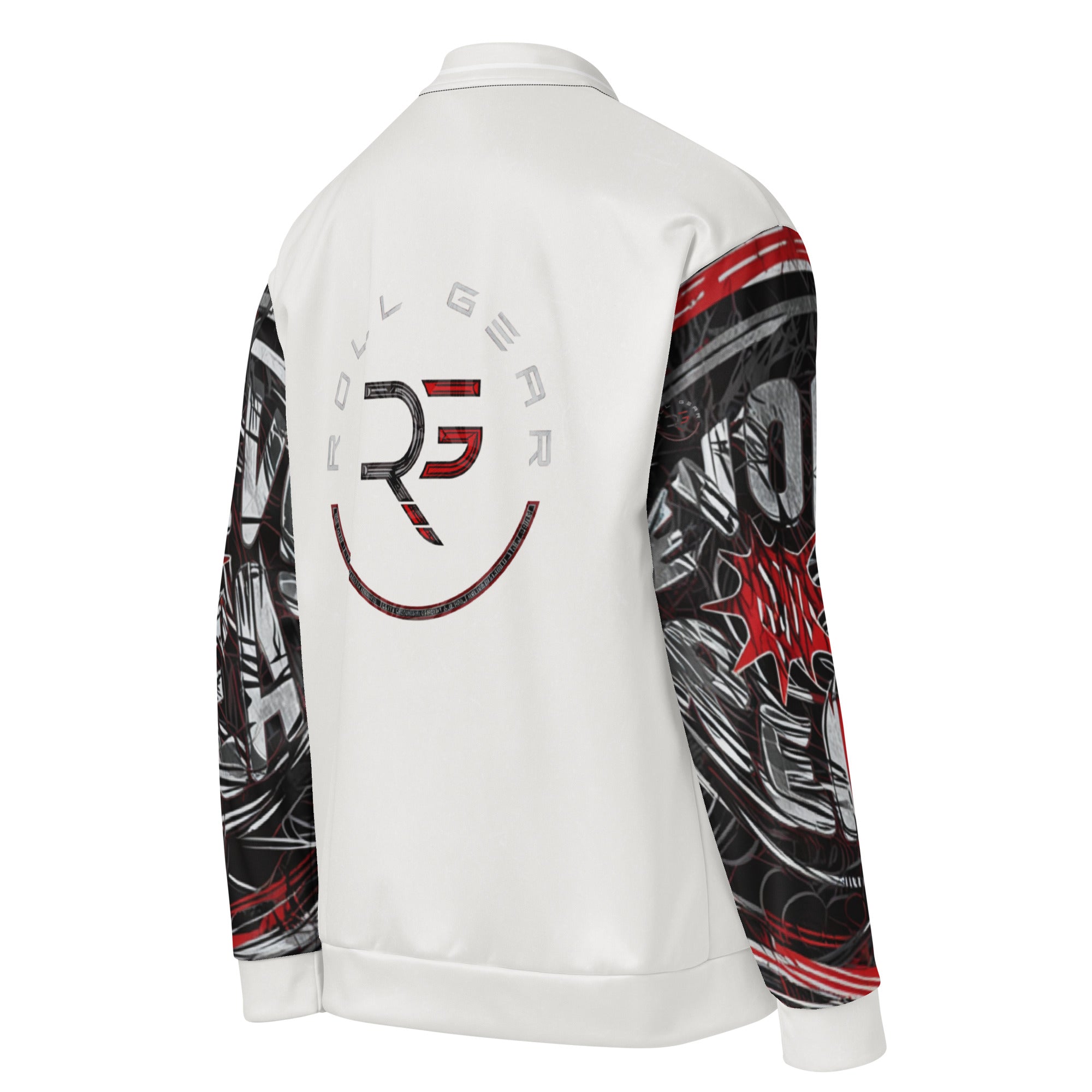 Roll Gear Evolve or Repeat Bomber Jacket – White, right back view, all-over print.