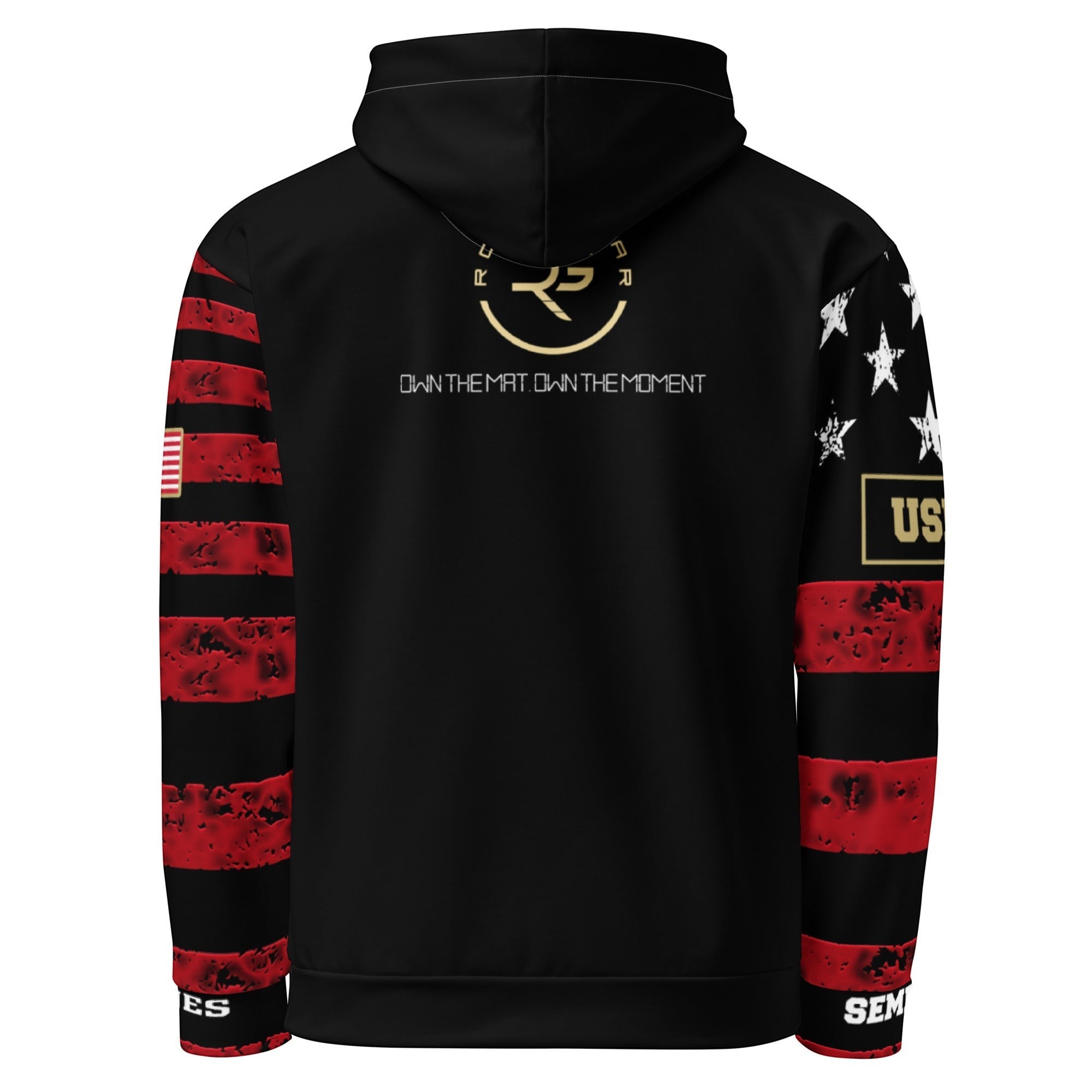 Roll Gear USMC Graphic Print Hoodie With American Flag Accents, back view, all-over print.