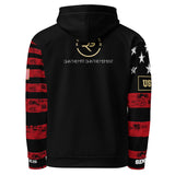Roll Gear USMC Hoodie with American flag sleeve accents, back view.