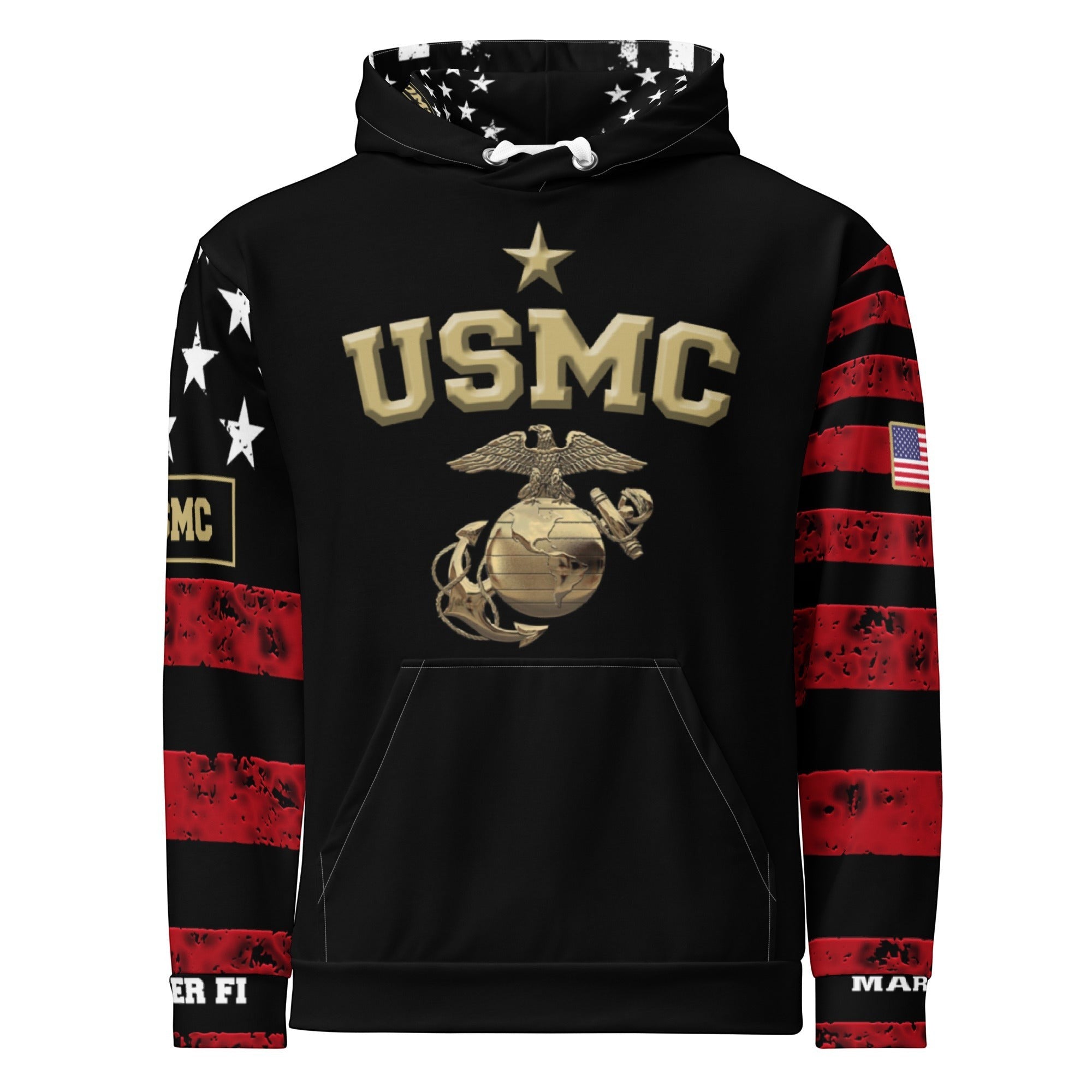 Roll Gear USMC Graphic Print Hoodie With American Flag Accents, front view, all-over print.