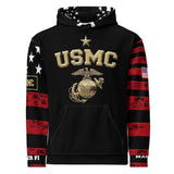 Roll Gear USMC Hoodie with American flag sleeve accents, front view.