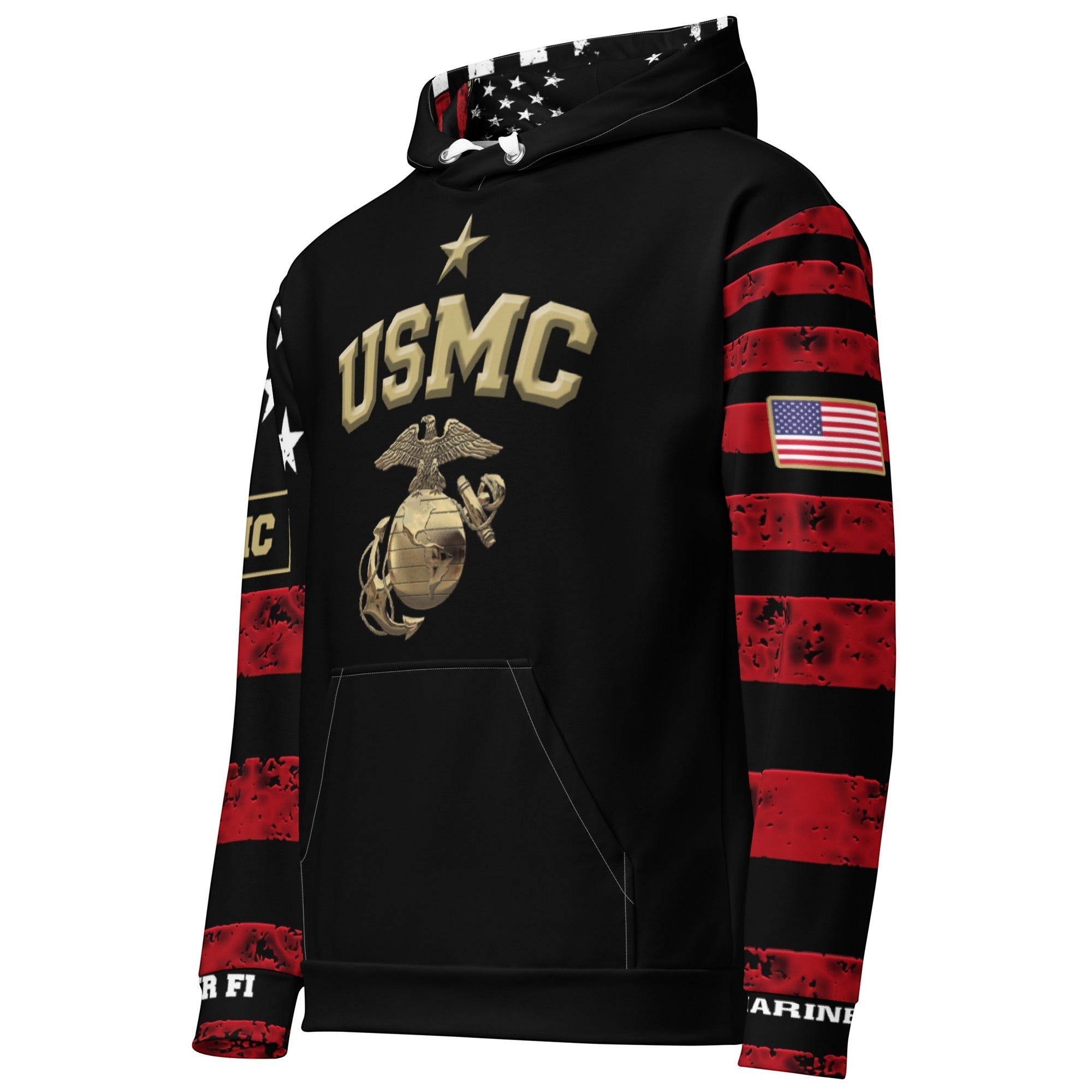Roll Gear USMC Graphic Print Hoodie With American Flag Accents, left front view, all-over print.
