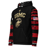 Roll Gear USMC Graphic Print Hoodie With American Flag Accents, left front view, all-over print.
