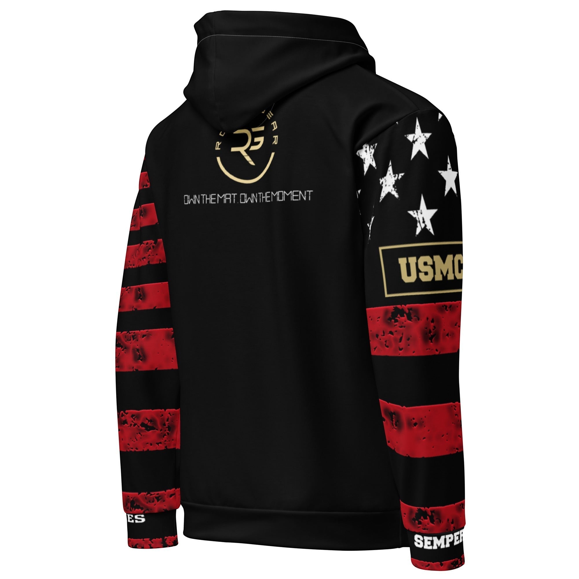 Roll Gear USMC Graphic Print Hoodie With American Flag Accents, right back view, all-over print.