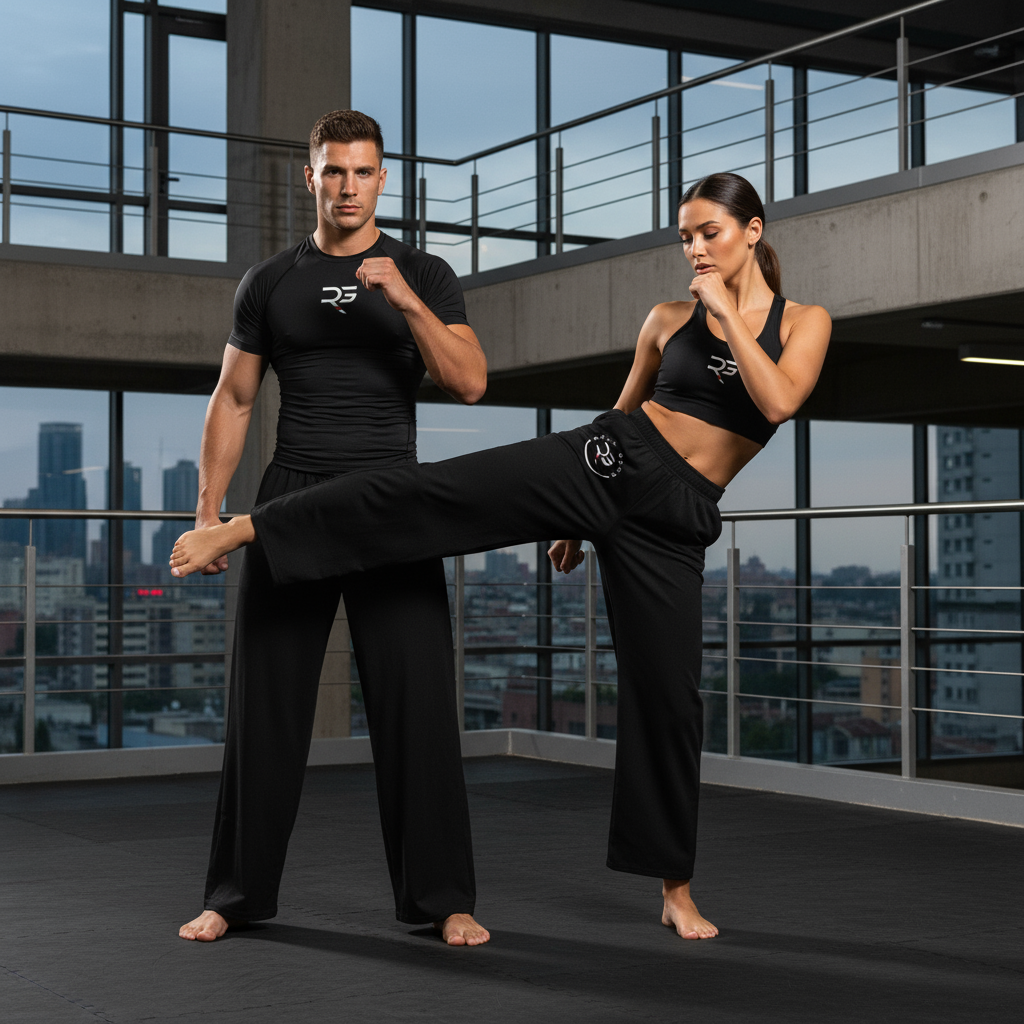Roll Gear Wide-Leg Training Pants – Black Edition, front view, all-over print.