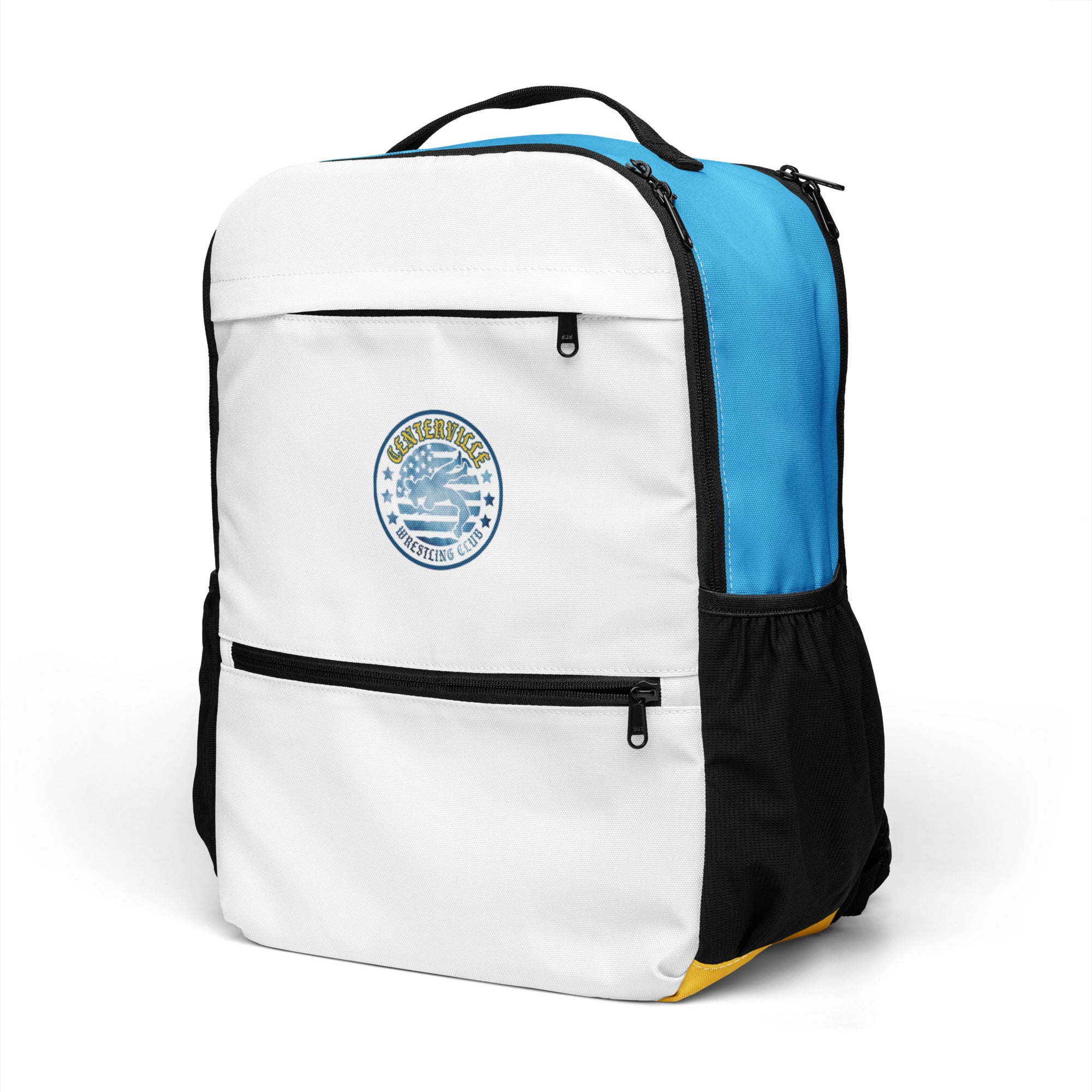 Centerville Wrestling Travel Backpack, left-front view.