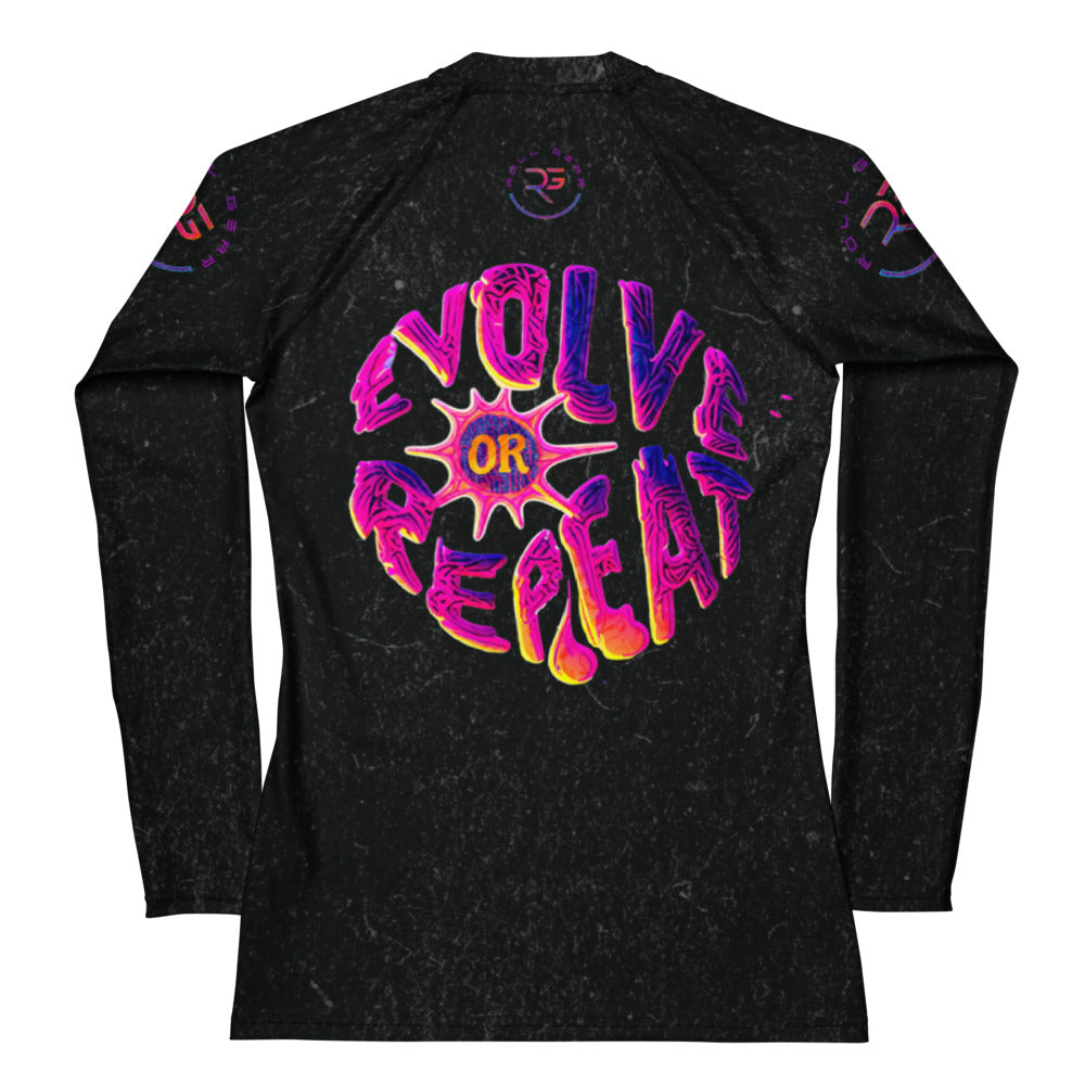 Roll Gear Evolve or Repeat Women’s Rash Guard – Black, back view, all-over print.