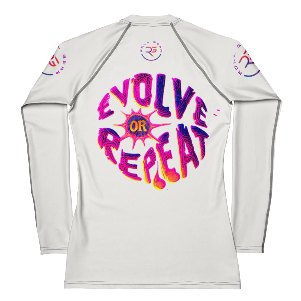 Roll Gear Evolve or Repeat Women’s Rash Guard – White, back view, all-over print.