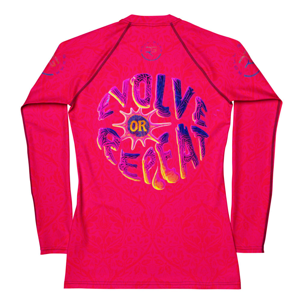 Roll Gear Evolve or Repeat Women’s Rash Guard – Pink, back view, all-over print.
