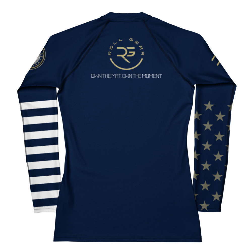 Roll Gear Women's Navy Military Rash Guard - Navy & Gold, back view.