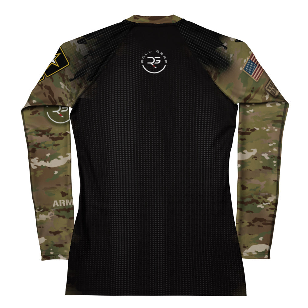 Roll Gear Women's Army Long Sleeve Rash Guard, back view.