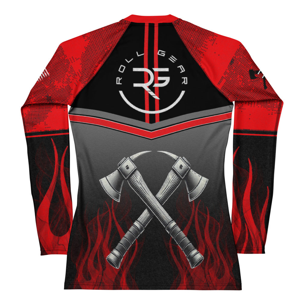 Roll Gear Women's Fire Department Edition Rash Guard - Red, Black & Smoke Grey, back view.