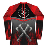 Roll Gear Women's Fire Department Edition Rash Guard - Red, Black & Smoke Grey, back view.