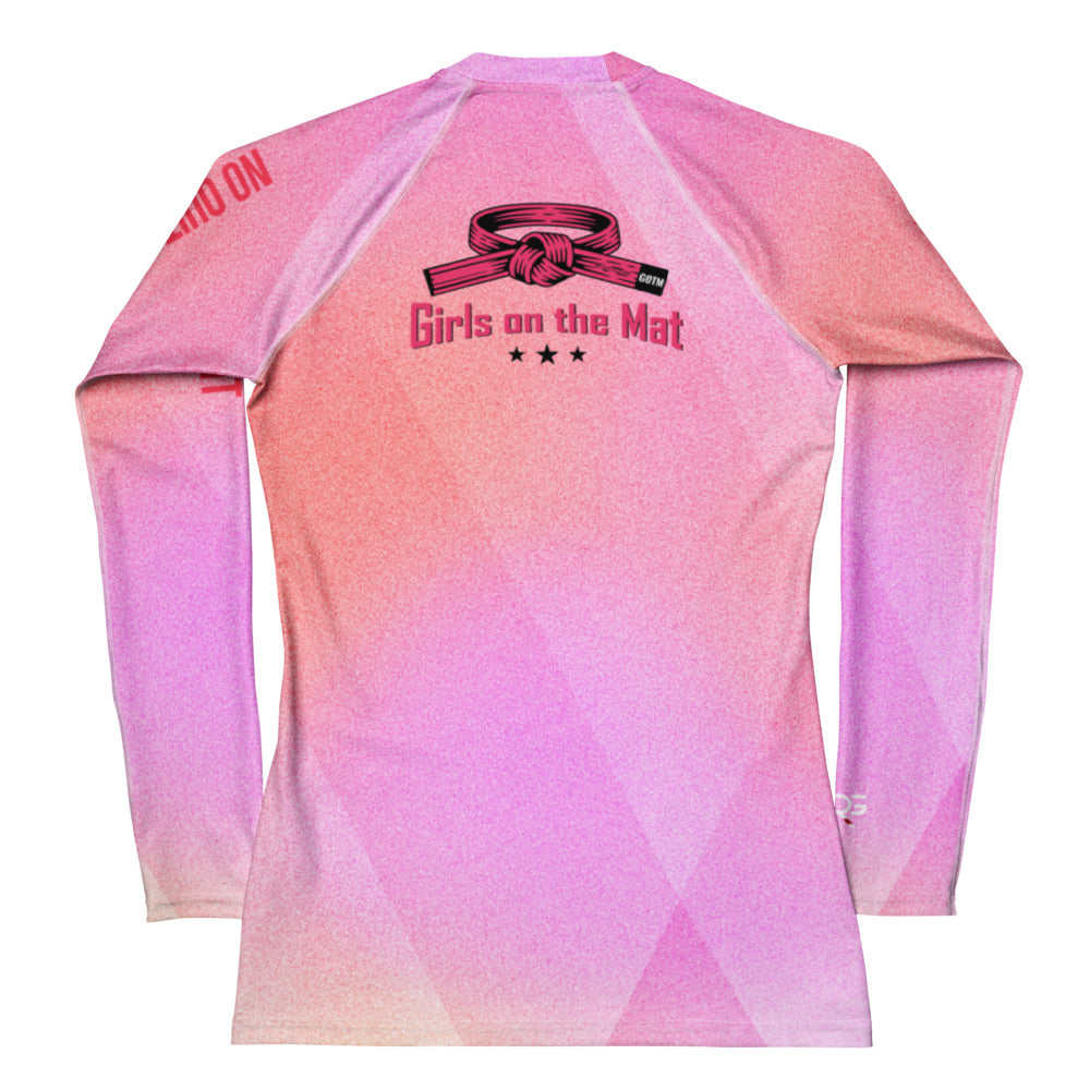 Roll Gear Women's Girls on the Mat Rash Guard - Pink Prism Gradient, back view.
