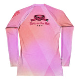 Roll Gear Women's Girls on the Mat Rash Guard - Pink Prism Gradient, back view.