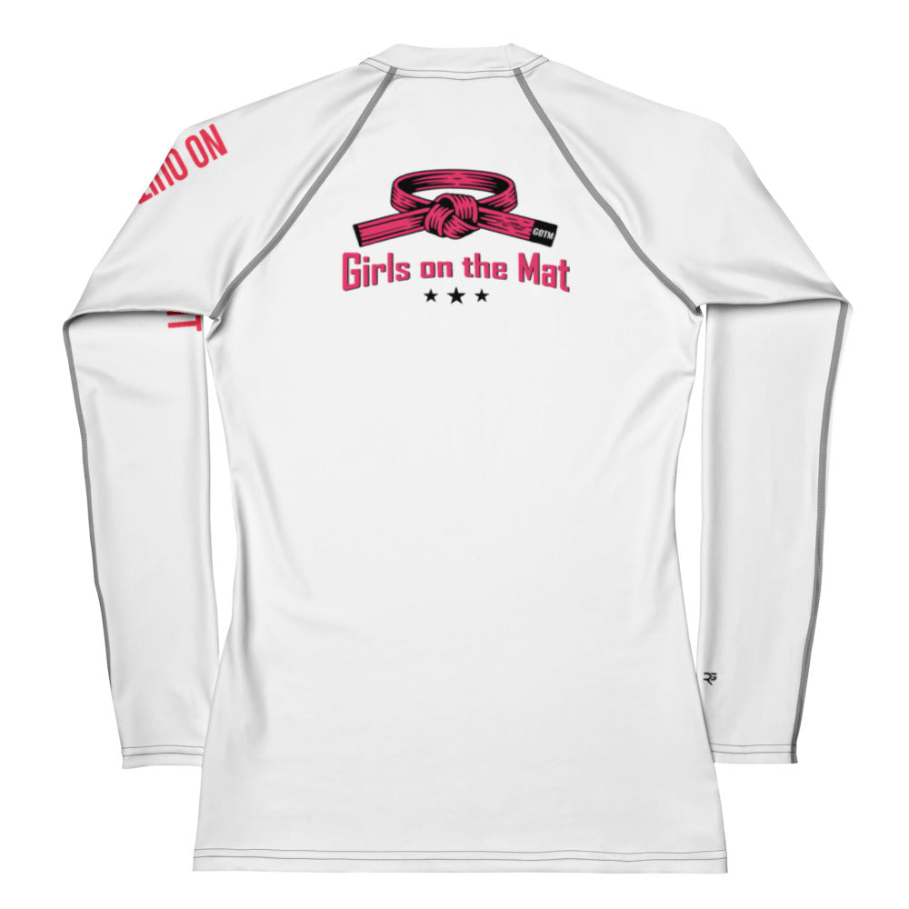 Roll Gear Women's Girls on the Mat BJJ Rash Guard - White Edition, back view.